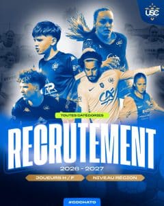 Affiche recrutement de l'US CHÂTEAUGIRON 2026-27 qui montre des joueurs et joueuses de football du club